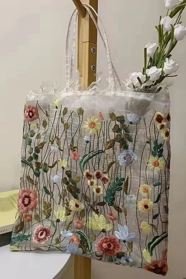 Amelia Tote Bag - Canvas Embroidered Floral Design - Image 10