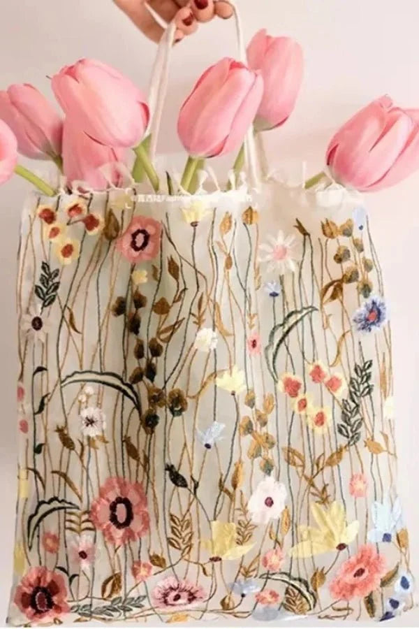 Amelia Tote Bag - Canvas Embroidered Floral Design - Image 4