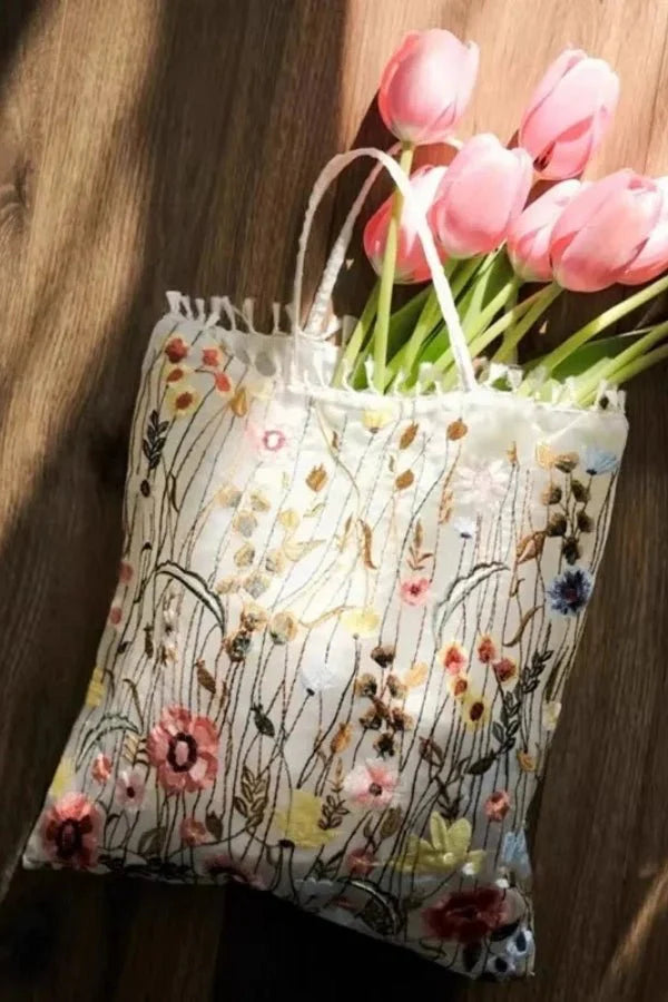 Amelia Tote Bag - Canvas Embroidered Floral Design - Image 8
